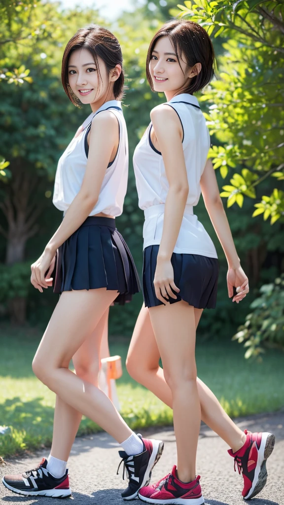 (1 girl, Same height :1.2) , 、Japanese Girls ,  (smile:0.7), Walking next to each other ,  (forest　Crossroads　Back view),Sweaty body、Wet Hair、Sexy athletics uniforms,English bib,  Underarm, Big Breasts,Realistic nipples, Realistic butt crack, にやにやのsmile, Very short hair , (High color saturation:1.0),  (Very detailed肌), (Highest quality:1.0), (Ultra-high resolution:1.0) ,(Realistic:1.0), (Very detailed:1.0), (8k, RAW Photos:1.1)、((Shaved pubic hair))、Toned Abs