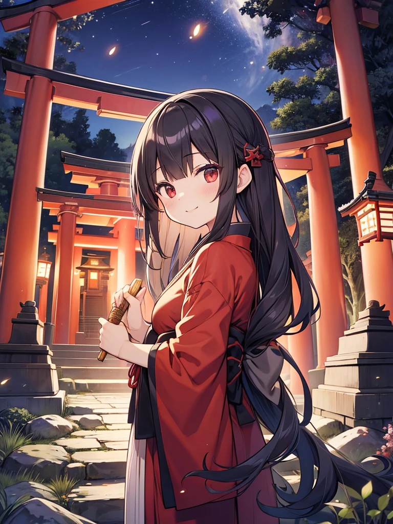 masutepiece, ultra-detailliert, best quality, at night, little smile, a lot of fireflies, Shrine maiden, shrine, Deep woods, Stone torii gate, Black Hair, long hair, 