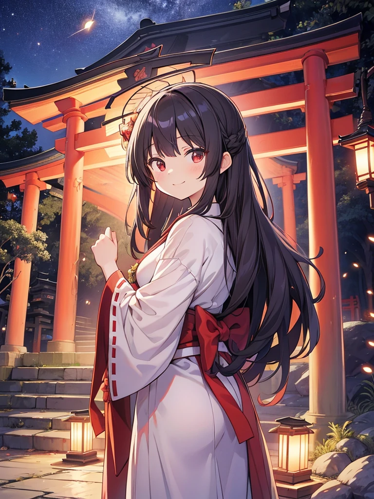 masutepiece, ultra-detailliert, best quality, at night, little smile, a lot of fireflies, Shrine maiden, shrine, Deep woods, Stone torii gate, Black Hair, long hair,