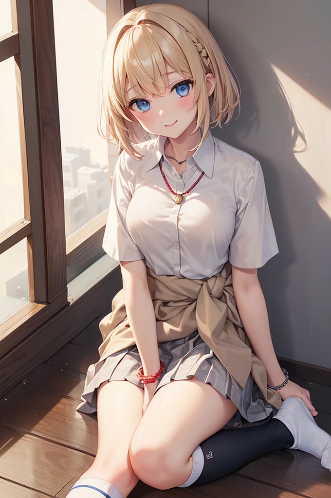 Character Focus、From above(school uniform:1.3), (Plain beige clothing around the waist:1.5), (West knot:1.3), (white collared-shirt:1.4), ((white collar, Unbutton, Short sleeve):1.2), (Red checkered pleated skirt:1.3), ((necklace, Colorful Bracelets, ×Hair accessories):1.2),
Very detailed、(8k, RAW Photos, Highest quality, masterpiece:1.2), (extremely detailed 8k wallpaper),shape、Professional Lighting,Sharp focus, Written boundary depth、
Browsing Caution、Clear Eyes、Perfect Anatomy、With a girl、15-year-old student、smile、Fully exposed、Lift up your skirt、blue eyes,(Below-the-knee loose socks:1.2)、Sitting on the dirty ground、(nsfw)