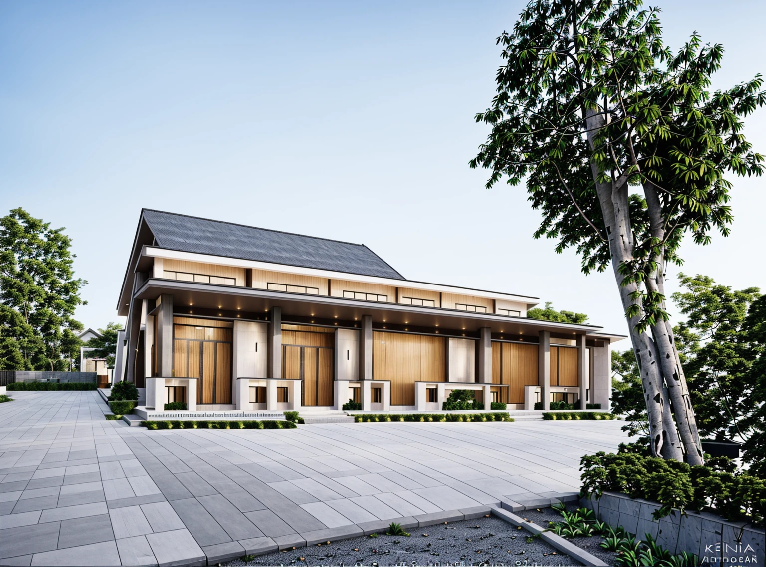 Modern architecture, xinfa aluminum glass doors, (stone wall, white paint), trần ốp gỗ, best quality, super detailed, true, expression, Gray Japanese tile roof, Yellow light temperature 4000k, The courtyard is covered with ceramic tiles, green exterior, evening sky