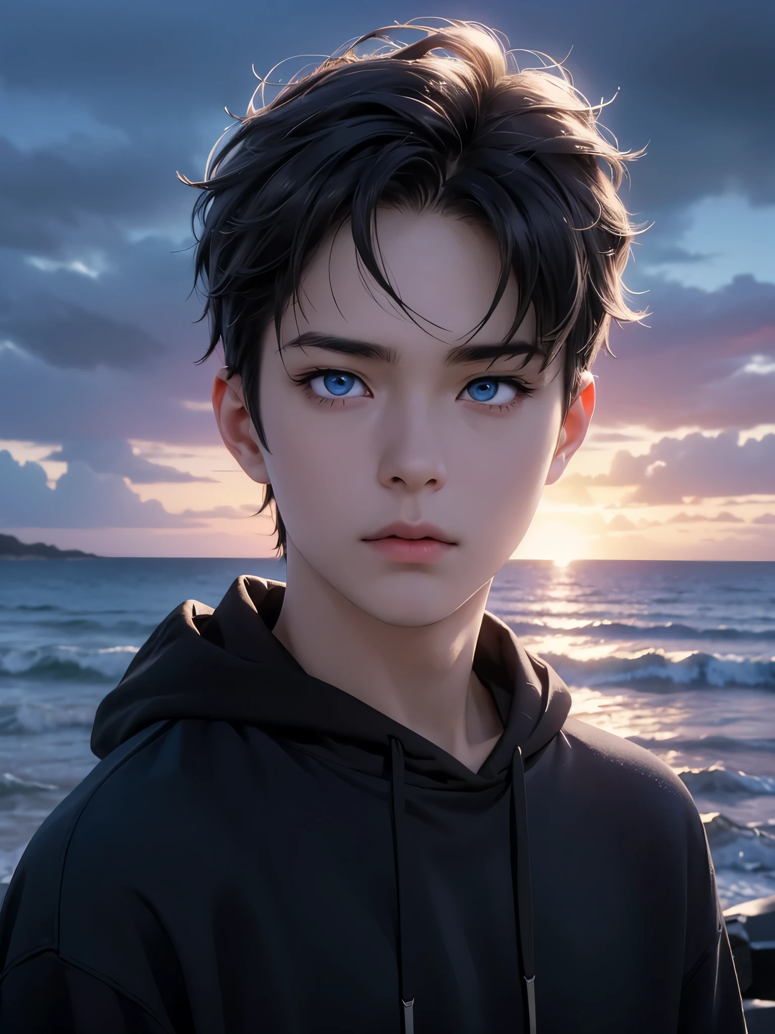 photorealistic, masterpiece, 8K, HD, portrait, closing up on face, intricate details, soft lighting, absurdres, realistic anime style, a handsome japanese boy, student, 15 years old, cute, gentle, wistful gaze, melancholic, timid, detailed face, ocean blue eyes, dark eyes, balanced eyes, detailed eyes, looking at the sky, looking up, wearing hoodie and shirt, casual wear, fair skin, pale skin, slim, black hair, smooth hair, wavy hair, outdoors, dock, sea, waves, rocks, dawn, stars, constellation, cosmical, dreamy world, surrealism, ethereal