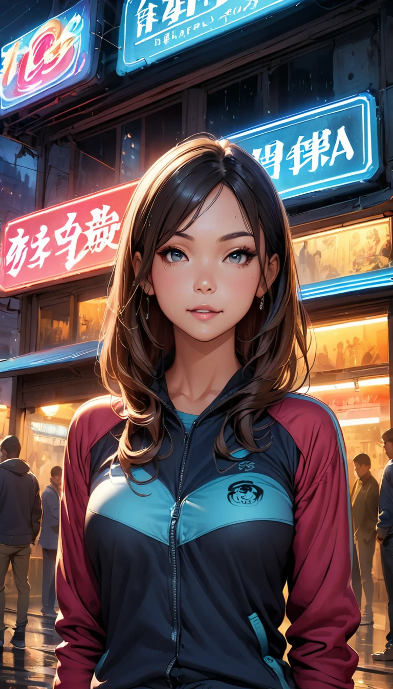 Rainy night,city,Beautiful woman with gal make-up wearing a sports suit on the busy street of Gintama, Surrounded by sellers, Beautiful portrait of a stunning goddess girl, Beautifully detailed face, Porcelain-like skin, Full Body Shot, Centered, Super soft lighting, Symmetric, complicated, elegant, Very detailed, Realistic, Art Station, Concept Art, Smooth, Imagined by Greg Rutkowski and Boris Vallejo, cover, Trendy style