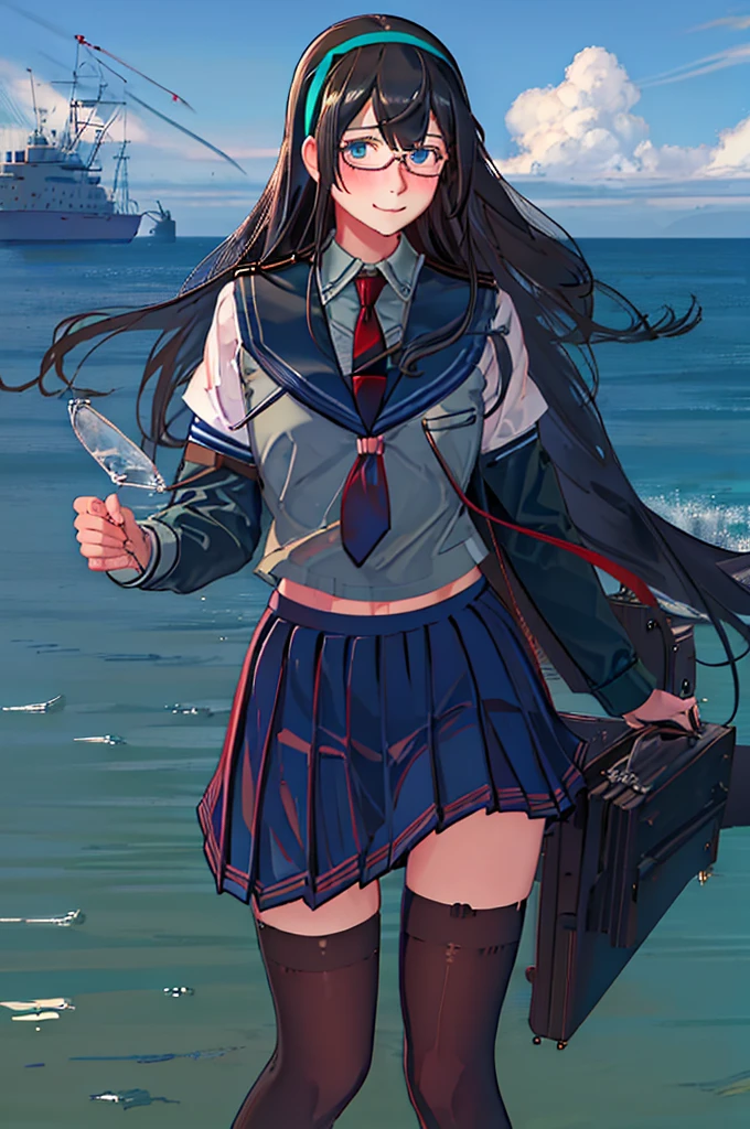 best quality, masterpiece, highres, solo, {ooyodo_kantaicollection:1.15}, black_hair, long_hair, glasses, hairband, semi-rimless_eyewear, under-rim_eyewear, blue_eyes, green_eyes, blush,small_breasts, 1girl, school_uniform, serafuku, pleats_skirt, looking_at_viewer, necktie, harbor_school_background, red_necktie,angry,smile,Proudly