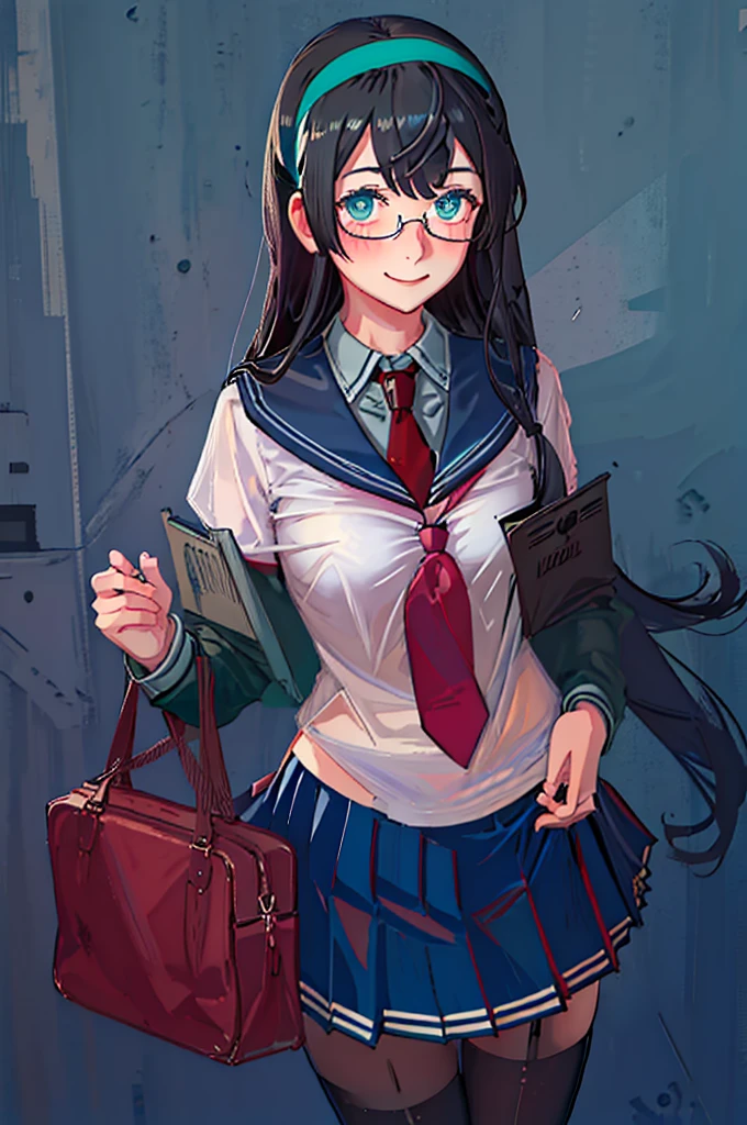 best quality, masterpiece, highres, solo, {ooyodo_kantaicollection:1.15}, black_hair, long_hair, glasses, hairband, semi-rimless_eyewear, under-rim_eyewear, blue_eyes, green_eyes, blush,small_breasts, 1girl, school_uniform, serafuku, pleats_skirt, looking_at_viewer, necktie, harbor_school_background, red_necktie,angry,smile,Proudly