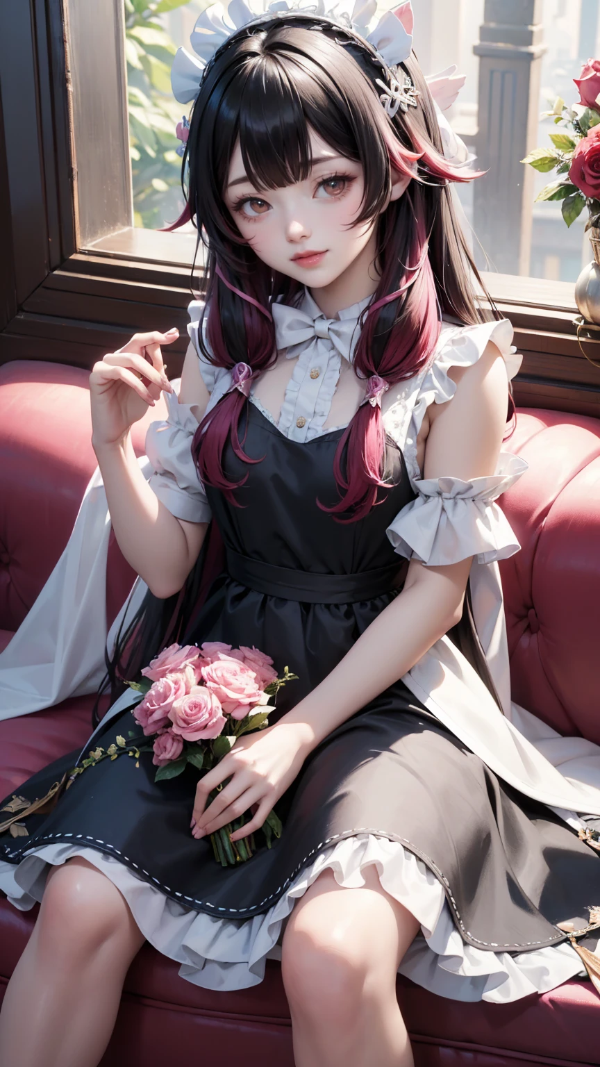 Columbina_(genshin impact), white roses, ornament hair, roses on her hair, maid, maid dress, maid headdress, maid apron, black hair, pink hair, long hair, seat on a sofa, minimalist home style, Chinese maid dress, white dress, more details on her clothes, pink details, night, smiling, coat,