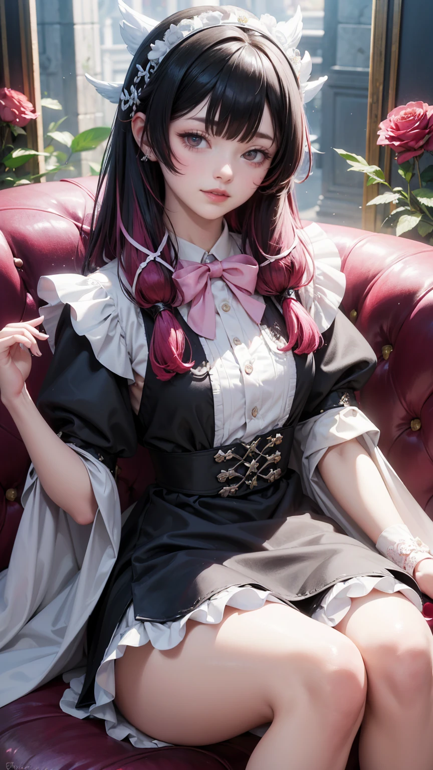 Columbina_(genshin impact), white roses, ornament hair, roses on her hair, maid, maid dress, maid headdress, maid apron, black hair, pink hair, long hair, seat on a sofa, minimalist home style, Chinese maid dress, white dress, more details on her clothes, pink details, night, smiling, coat,