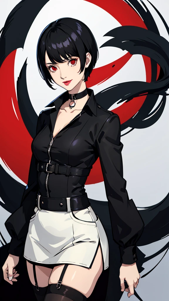 1 girl, Red eyes, very Short hair, black choker, lipstick, smile, black hair, female , tomboy Pixie haircut, bandeau, dress, stockings, cowboy shot