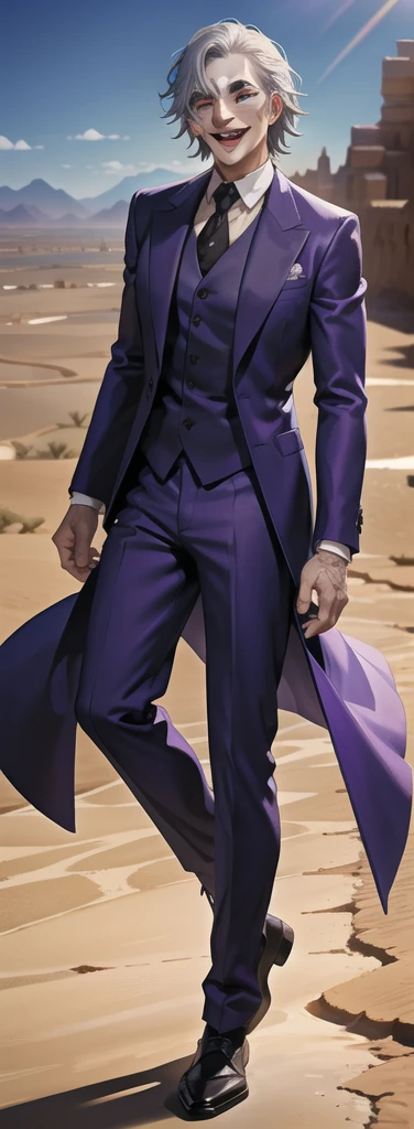 Portrait of a man in his 40s、standing、silver hair、the joker、purple dress , smile open mouth , Long body、 full body、(desert:1.5)、