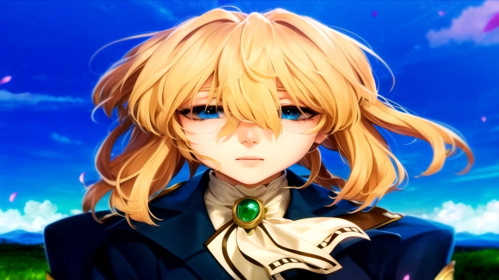 
melhor qualidade, Obra de arte, Detalhe intrincado de 1 garota, (foco no rosto) rosto detalhado, olhando para o espectador, penteado detalhado,Violet Evergarden, olhos azuis, cabelo loiro. 1 garota, Sozinho, Violet Evergarden, vestir, vestir, parque, Clear sky, flor, flors, petals, dynamic angle;