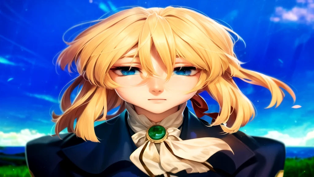 
melhor qualidade, Obra de arte, Detalhe intrincado de 1 garota, (foco no rosto) rosto detalhado, olhando para o espectador, penteado detalhado,Violet Evergarden, olhos azuis, cabelo loiro. 1 garota, Sozinho, Violet Evergarden, vestir, vestir, parque, Clear sky, flor, flors, petals, dynamic angle;