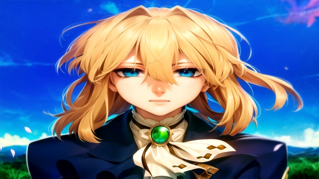 
melhor qualidade, Obra de arte, Detalhe intrincado de 1 garota, (foco no rosto) rosto detalhado, olhando para o espectador, penteado detalhado,Violet Evergarden, olhos azuis, cabelo loiro. 1 garota, Sozinho, Violet Evergarden, vestir, vestir, parque, Clear sky, flor, flors, petals, dynamic angle;