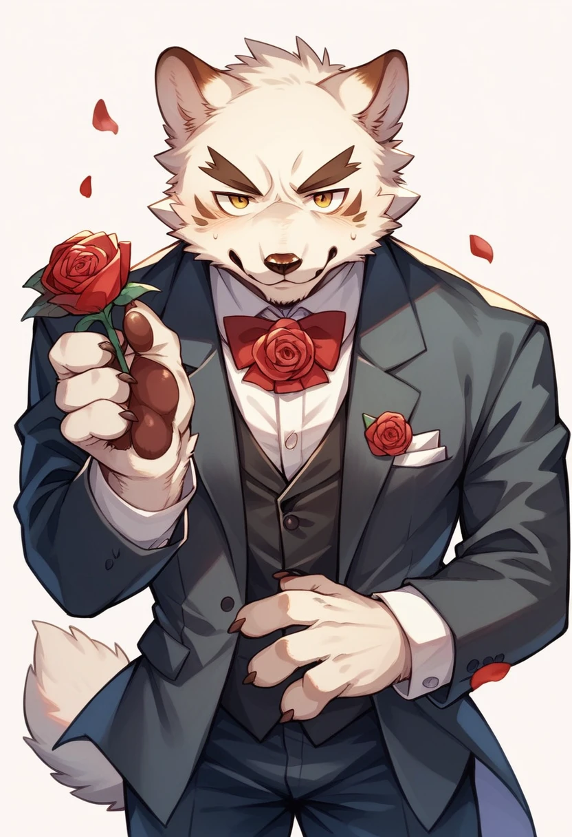 Watercolor elements, 1boy, kemono, furry, detailed body fur, animal face, animal hand, Handsome boy in tuxedo holding a red rose and looking at viewer,