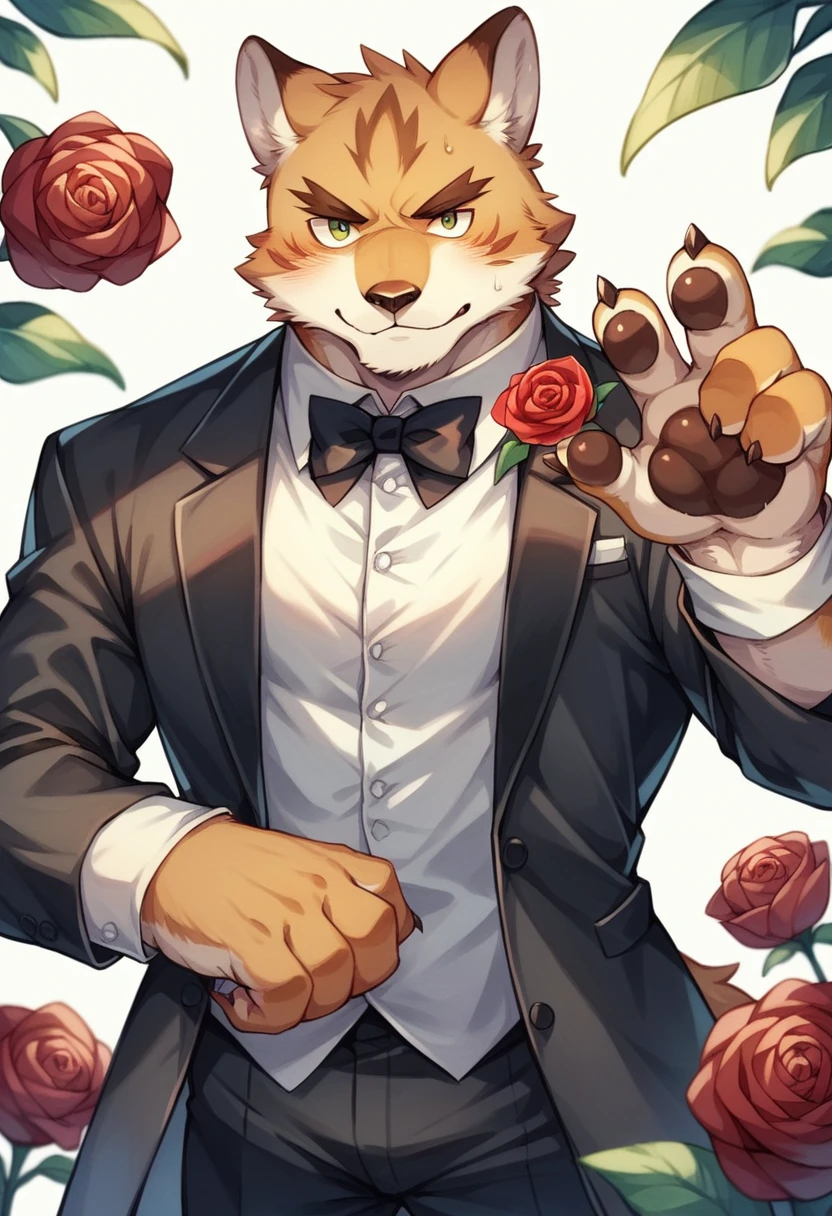 Watercolor elements, 1boy, kemono, furry, detailed body fur, animal face, animal hand, Handsome boy in tuxedo holding a red rose and looking at viewer,