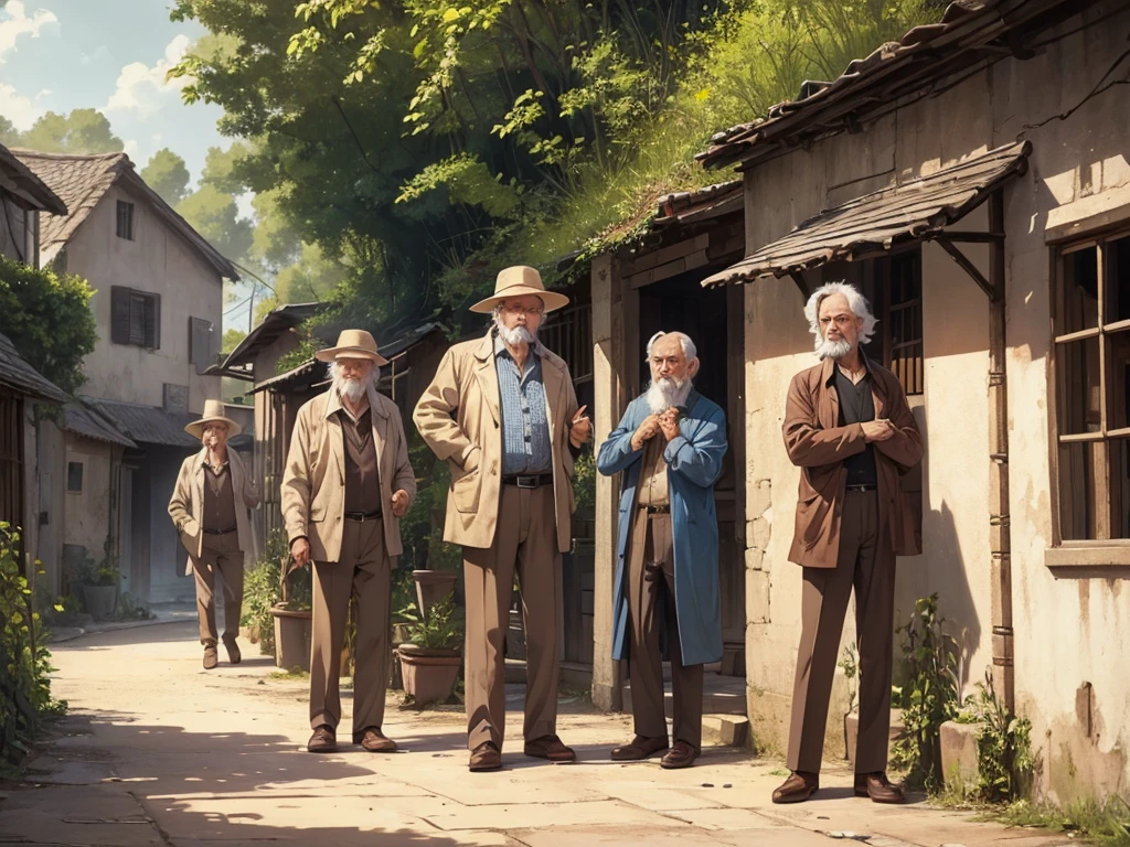 5 old mans shocked standing in a village in 1975