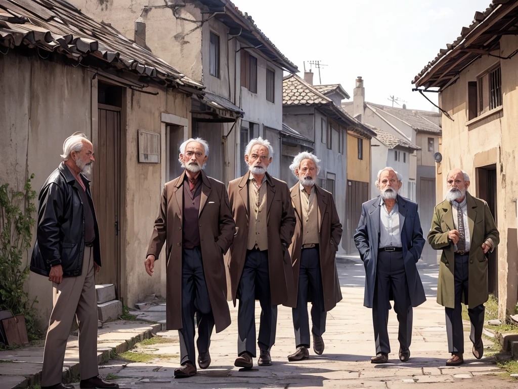 5 old mans shocked standing in a village in 1975