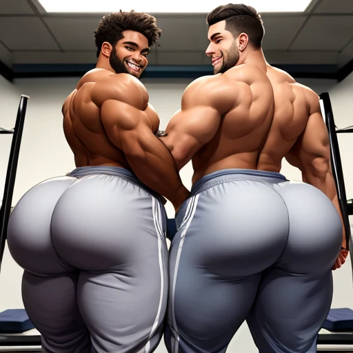 Two male college football players, muscular, jocks, at the gym, athletic, shirtless, dark brown hair, wearing grey sweatpants, big butt, huge ass, curvy men, comically massive ass, bubblebutt, thick, thicc, thick ass, thick legs, thick thighs, huge butt cheeks, ass huge, showing butt to camera, smiling, looking back at camera, big booty, boy booty, men with huge butts, men in grey sweatpants, showing off ass, absolutely massive butt, enormous ass cheeks in grey sweatpants, full ass, round ass, juicy ass, expansive ass, tight sweatpants, filled sweatpants, perky fat butt cheeks, gay for each other, gay, homosexual