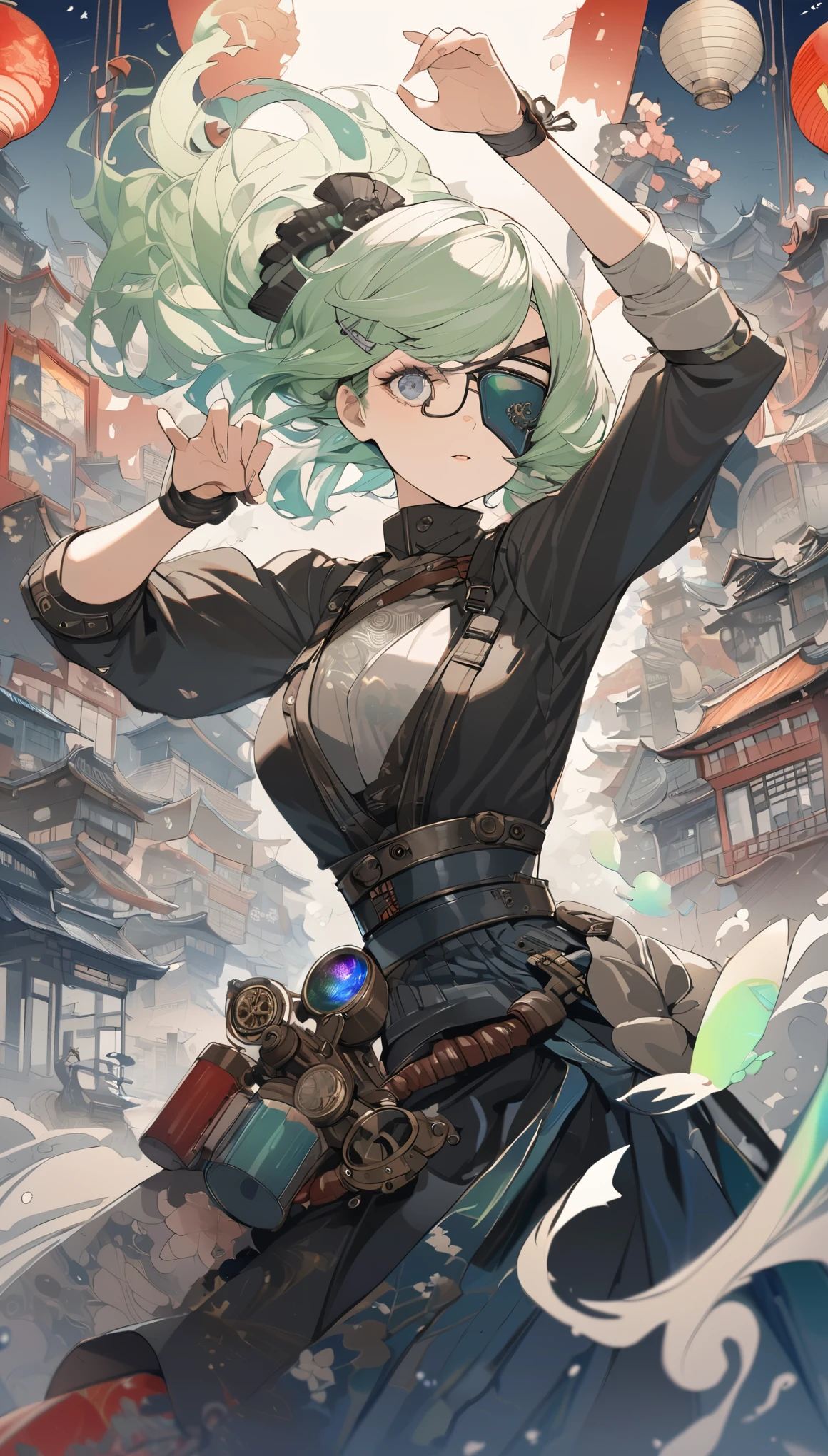 fusion of watercolors and oil paintings, fusion of paper cutting and shadow puppetry, mix of Japanese painting, ukiyo-e and woodblock prints, mix of monochrome and color, best quality, super fine, 16k, incredibly absurdres, extremely detailed, 2.5D, delicate and dynamic, beautiful woman, (eye patch), light green hair tied up, hairpin, accessories, black dress, red line, captivating look, superlative body proportion, charm pose, iridescent, kaleidoscope of stylish cityscapes, combining steampunk, clockpunk, dieselpunk and cyberpunk