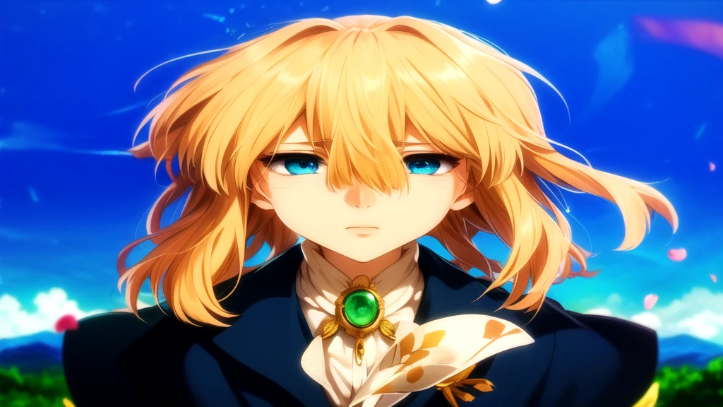 melhor qualidade, Obra de arte, Detalhe intrincado de 1 garota, (foco no rosto) rosto detalhado, olhando para o espectador, penteado detalhado,Violet Evergarden, olhos azuis, cabelo loiro. 1 garota, Sozinho, Violet Evergarden, vestir, vestir, parque, Clear sky, flor, flors, petals, dynamic angle;