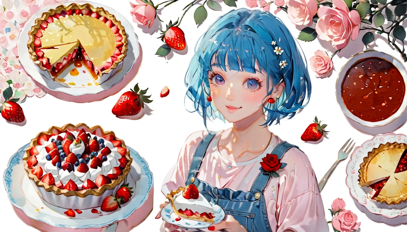 (((paper cutting style))), 1 girl, blue hair, curry short hair, portfolio, shirts, denim, strawberry pie,Rose,smile,Pink long hair