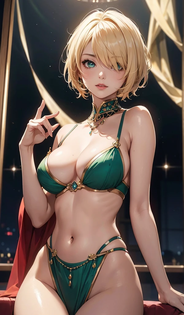 Please follow all prompts below exactly and faithfully. This is a breathtaking masterpiece of digital illustration, with maximum resolution, UHD, 512K, 2160p, 10 million ppi, 300 million dpi, natural color tones, ultra sharp details, perfect outlines with contrast, **most realistic skin and hair textures**, most beautiful detailed eye features, perfect anatomically correct human body, beautiful background with depth, rule of thirds, depth of field, Maximize all element is used to its full potential to create the best digital illustrations, A very sexy and elegant woman with a perfect body style, a beautiful sharp face, slim figure, gravity-defying large breasts, beautiful green eyes, (shiny blonde shaggy cut short hair covering one eye), glossy, sensual, very glossy thick lips with striking pink lipstick, She is in the spotlight on the dance stage in her splendid, luxurious oriental dancer's costume and magnificent jeweled ornaments,