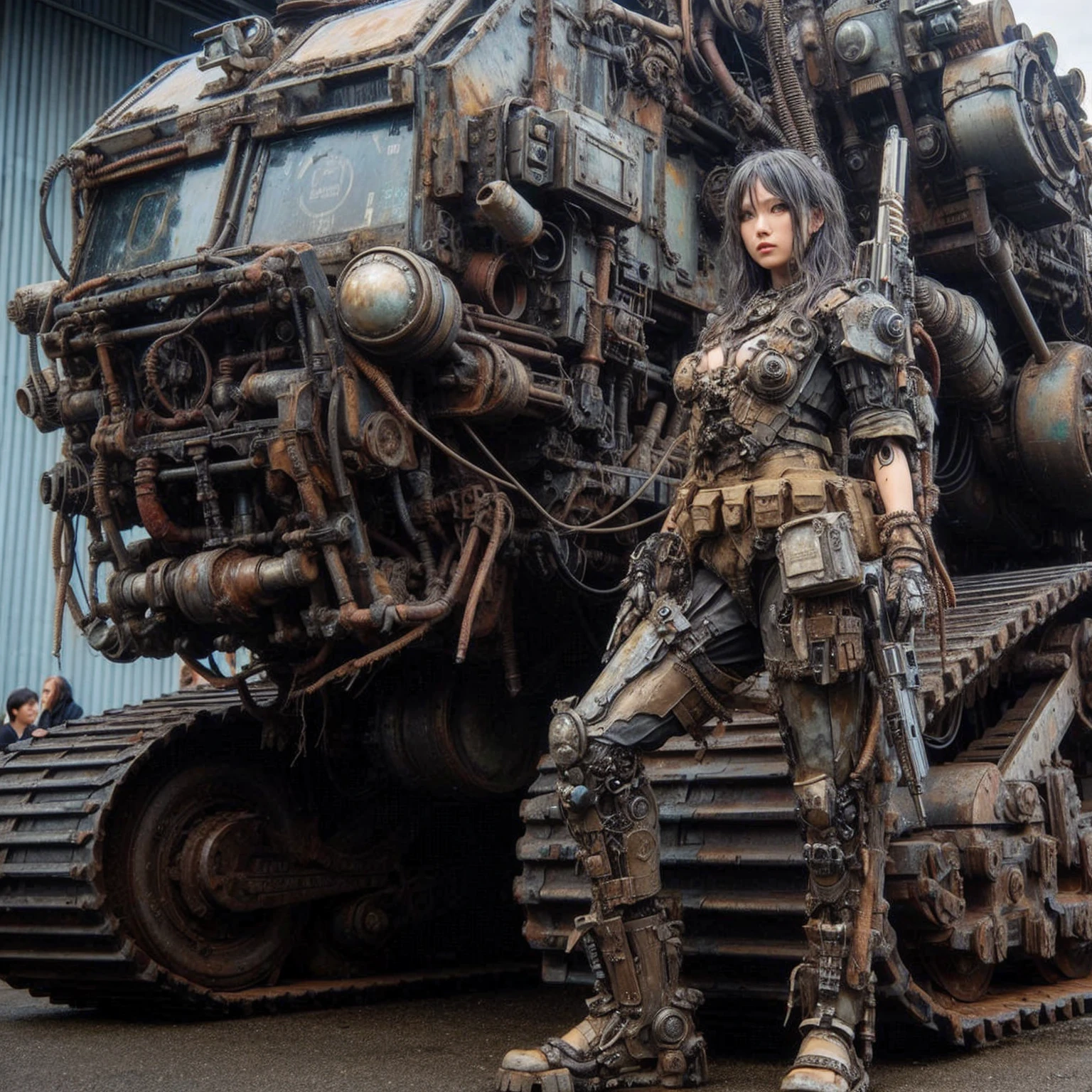 Dystopian night scene, hydraulic cylinders, very intricate details, Japanese woman in skeleton-like armor, beautiful face, legs, poses in motion, super realism, realistic photography, taken with Fuji film X-T30+Nokton. HDR10