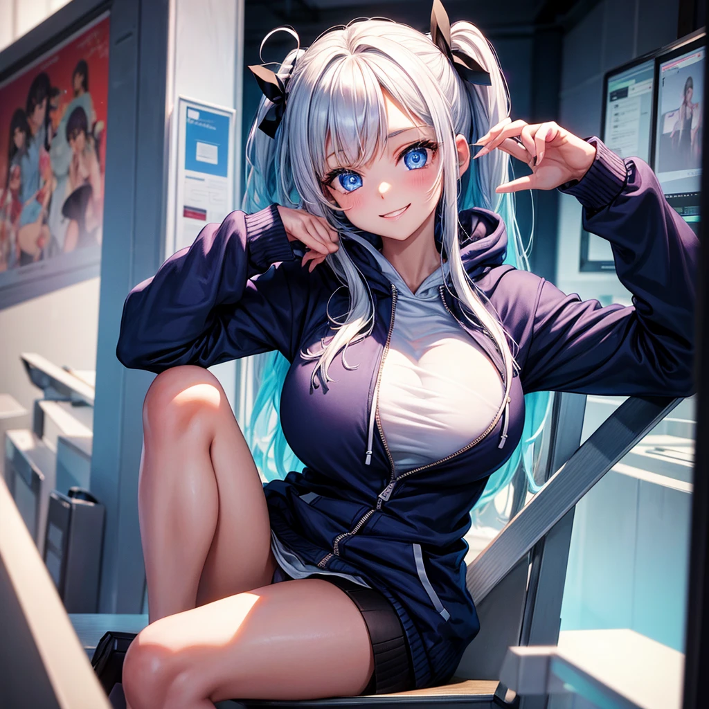 I'm wearing a hoodie over my blazer、Beautiful girl,a smile,top-quality,huge tit,girl,masterpiece,Erotic cute,blue eyess,academy,beautiful a girl,超A high resolution,