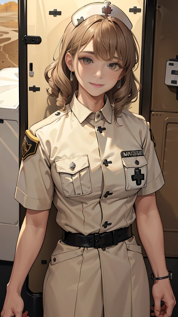 (masuter piece, best quality, very detailed), (fine face), 1 women, nurse、standing、from the waist up、golden hair、curly hair、bangs、lots of bangs、brown Eyes、Slight smile、nurse uniform , (in desert:1.5) , (ambulance:1.5)