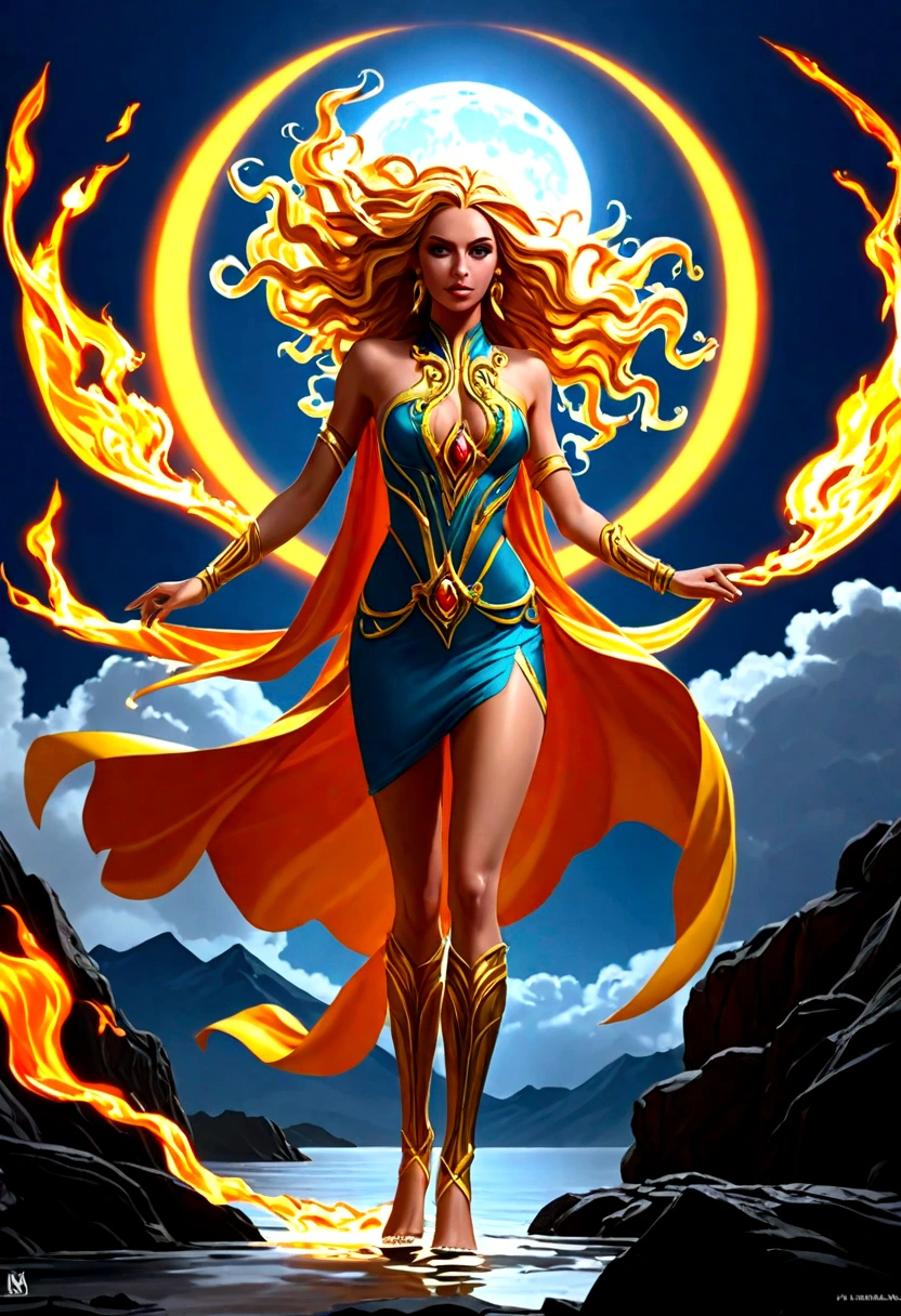 a tall lady in perfect body proportion, perfect face, perfect body, chakra-royal regalia, wet cloak, very long-golden hair, blowing hair, medusa hair, one hand pointing the sky, high heels, golden rays surrounded, mystical aura, ethereal, fire element, death massive-flames in background, dark moon, unreal engine, cinema art photographic, cinematic motion picture, 8k, super detailed, bottom view, bottom camera angle