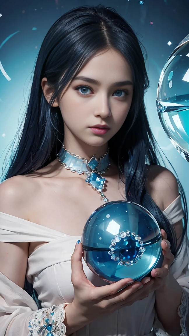 (and soul)(secondary elements)1 girl、((blue hair))、hair length、(blue eyes)、(gradient eyes)、sparkling eyes、bright eyes、finely tuned、expressive eyes、blue clothes、gem、Blue lighting、blue theme、(shape:1.5)、abstract、highest quality、Super detailed、(((Holding a crystal ball)))、