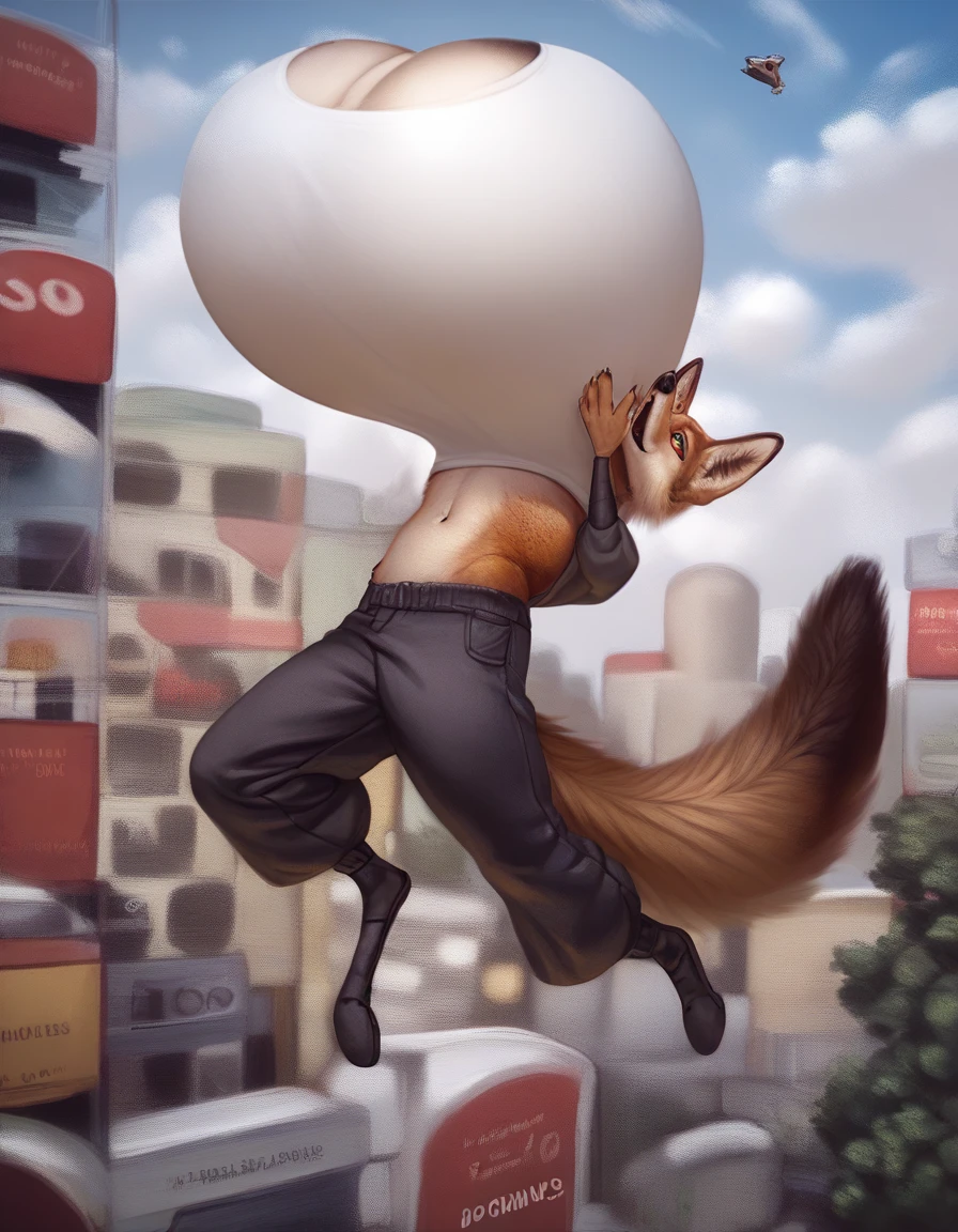 score_9, score_8_up, score_7_up, score_6_up, score_5_up, score_4_up, outdoor cafe, detailed background, coyote, anthro, male, canid, canine, clothed, inflating, floating, tiptoes, hyper breasts, heliumtits, photorealistic, arched back, by borisalien  