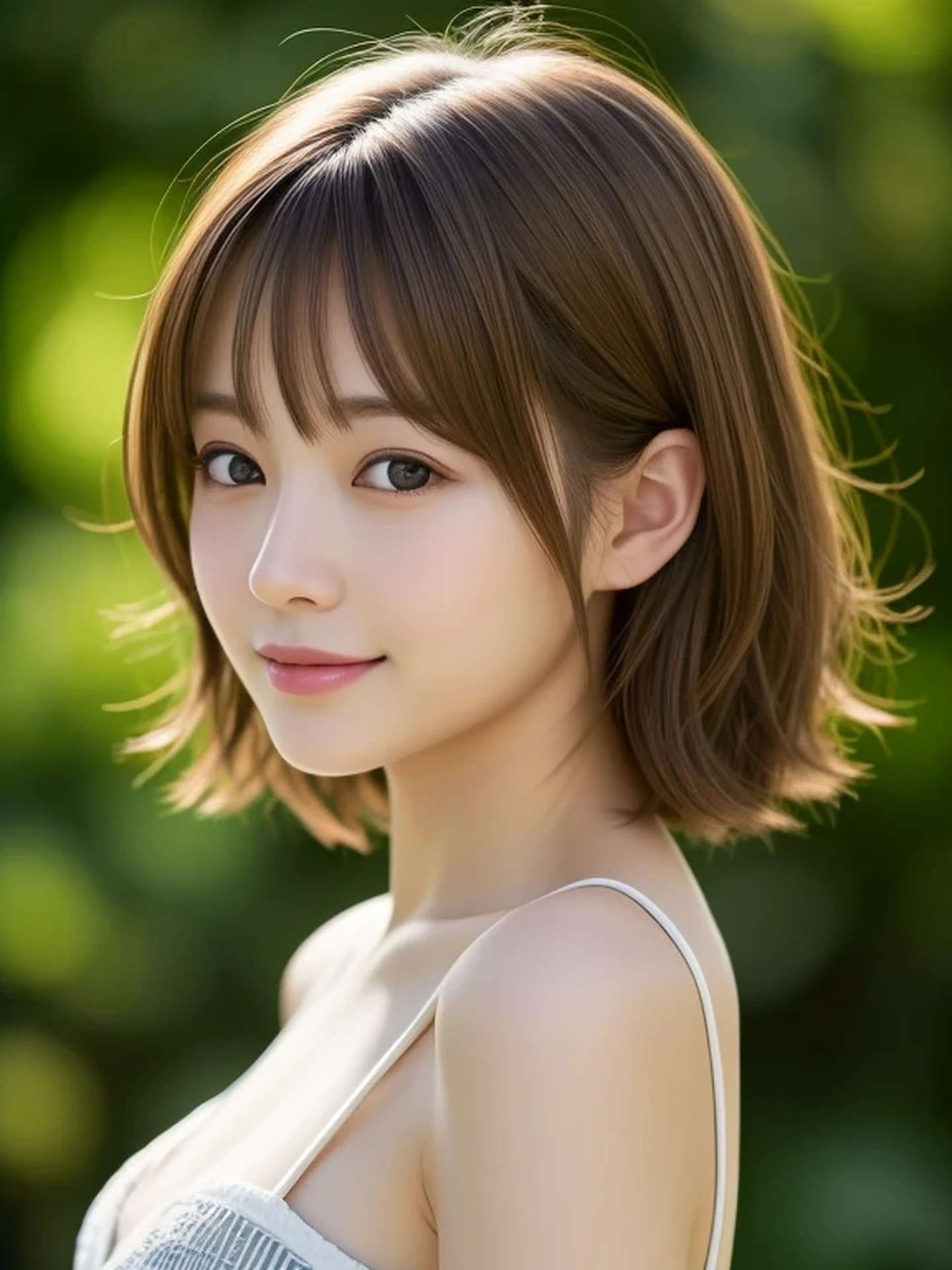 1 Japanese girl, (looking away:1.4), (upper body shot:1.2), Beautifully detailed eyeballs, Realistic digital painting of a woman portrait, Shy, Cute, happy smile, brown eyes, (medium Hair:1.1), (light brown brunette hair:1.3), (Highly detailed skin:1.2), Mystical style, Global Illumination,