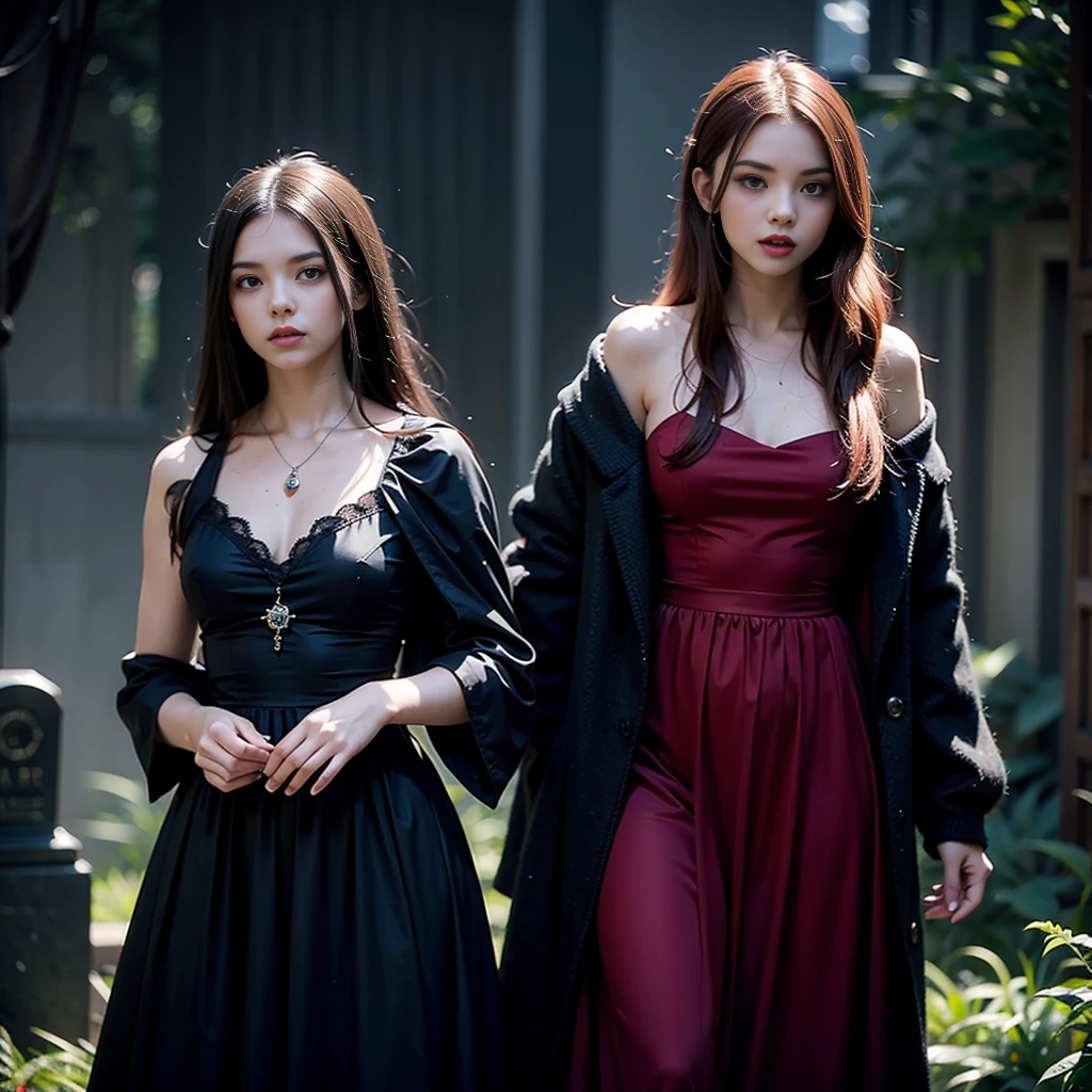 arafed woman in a black dress with short messy wavy red hair and a necklace, promotional still, anya taylor - joy vampire queen, artstyle tom bagshaw, beautiful female vampire, carmilla vampire, portrait of a young witch, vampire fashion, samara weaving vampire, tom bagshaw weta studio, with red hair, photo still, witchy clothing, beautiful female witch in fog filled graveyard