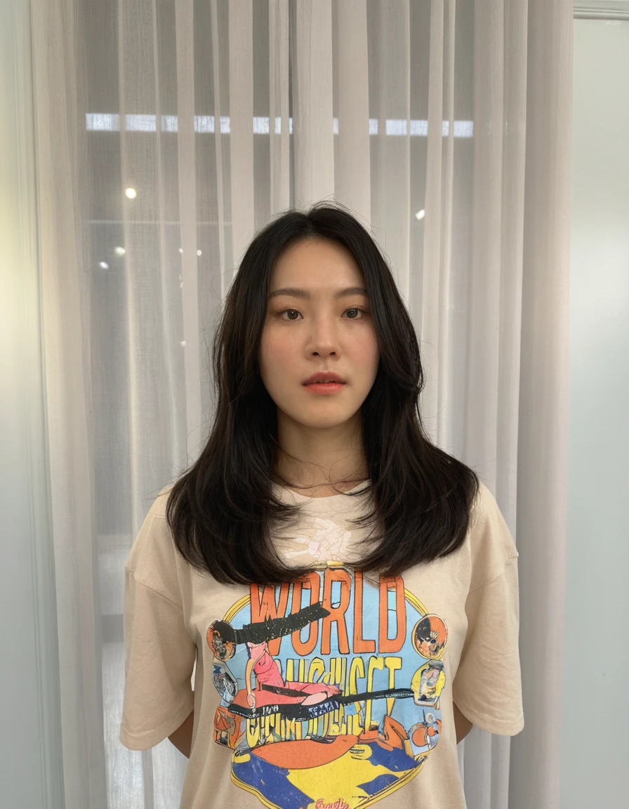 Best Quality, 8k, Masterpiece, (Portrait: 1.3), (photo realistic:1.4), (hyper realistic:1.4), Sharp Focus, looking at viewer, (smoother lighting:1.1), (increase cinematic lighting quality:0.9), realistic lighting, backlighting, light on face, ray trace, (brightening light:1.2), (Increase quality:1.4), sharp detail, (best quality real texture skin:1.4), finely detailed eyes, black_eyes, finely detailed face, 25 year old Korean woman, (beige t-shirt:1.4), (Create an image maintaining the original base model hairstyle:1.5)