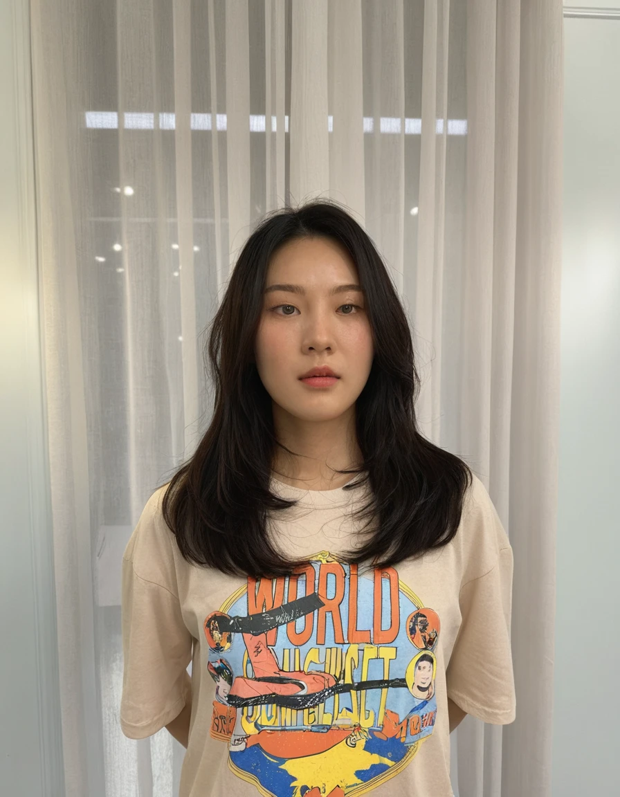Best Quality, 8k, Masterpiece, (Portrait: 1.3), (photo realistic:1.4), (hyper realistic:1.4), Sharp Focus, looking at viewer, (smoother lighting:1.1), (increase cinematic lighting quality:0.9), realistic lighting, backlighting, light on face, ray trace, (brightening light:1.2), (Increase quality:1.4), sharp detail, (best quality real texture skin:1.4), finely detailed eyes, black_eyes, finely detailed face, 25 year old Korean woman, (beige t-shirt:1.4), (Create an image maintaining the original base model hairstyle:1.5)