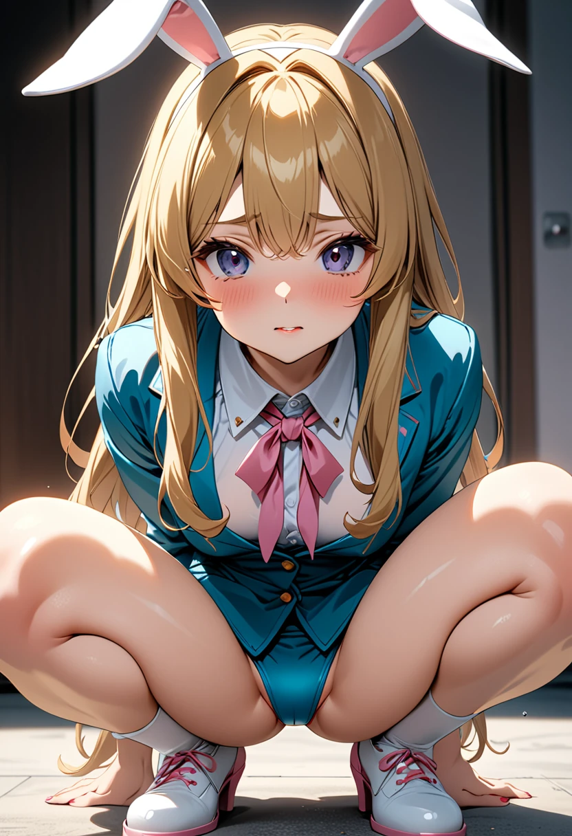 (Highest quality、Masterpiece、Very detailed、4K)、One woman、19 years old、((Bunny girl))、squat、front