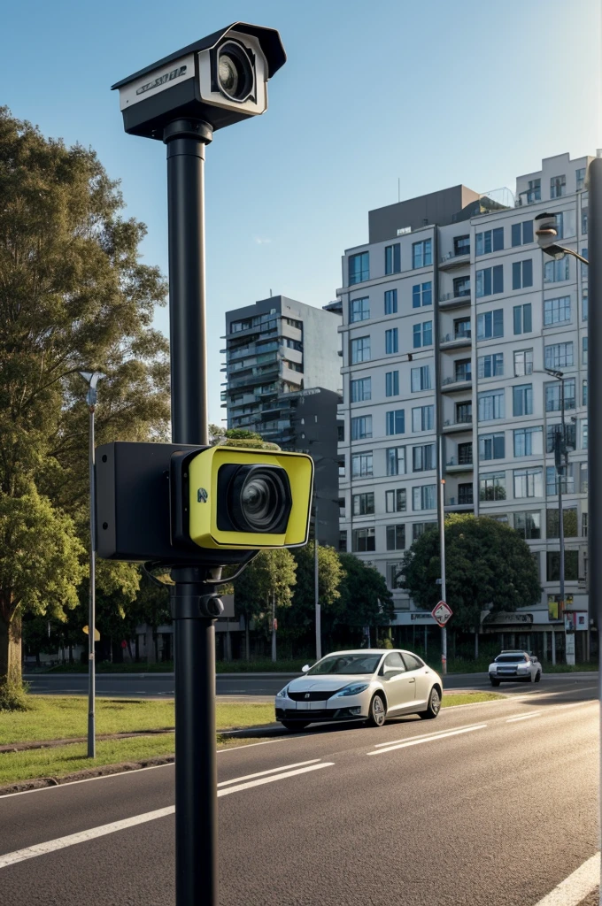 Create an image of a speed monitoring camera on a road. The camera should be positioned on a pole, facing towards the direction of traffic. Include a car driving by in the scene. The environment should be an urban setting with some buildings and greenery in the background. Ensure the details of the camera and the car are clear and realistic.