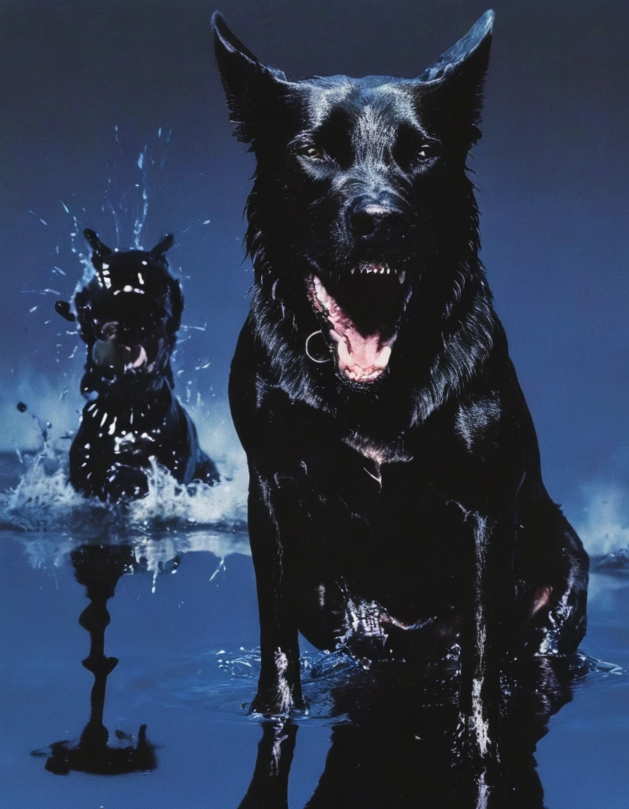 giant angry black dog in water at night, blue background, fashion photoshoot, fashion vibe