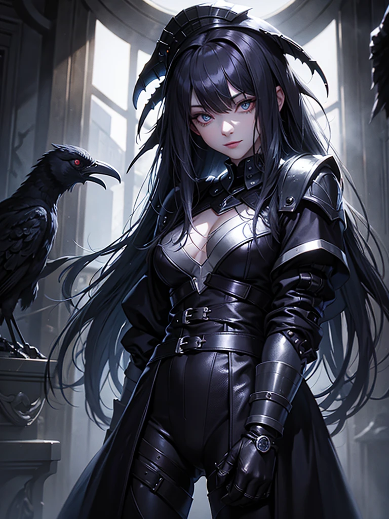 girl, dark, glowing eyes, evil, evil smile, raven nearby