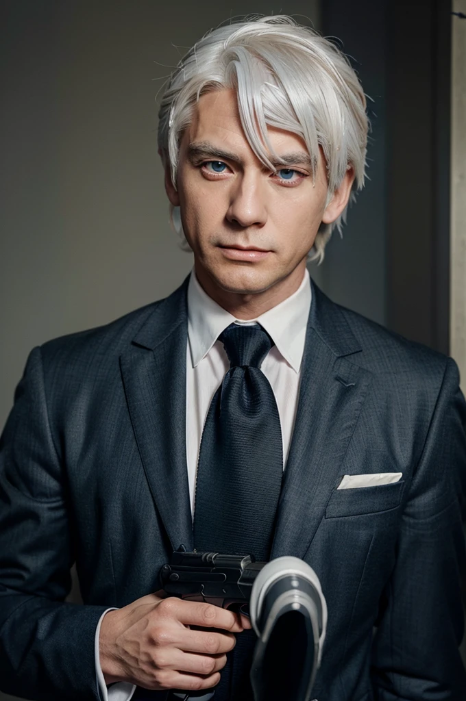 Create an anime drawing of an old anime male character with white hair that is swept backwards. He has dark blue eyes and is holding a gun. He is wearing a suit with a black tie and has a serious expression on his face.