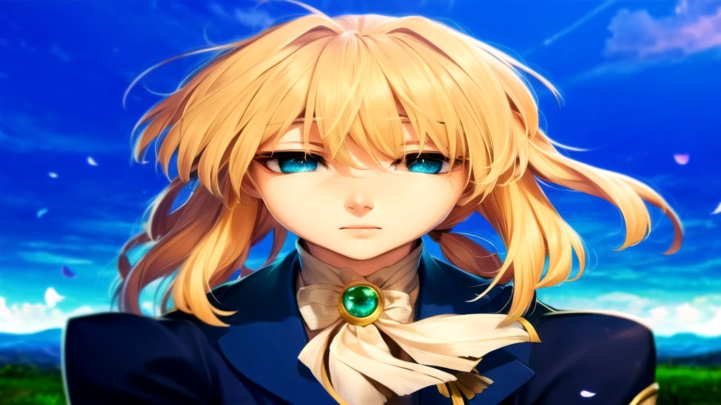 
melhor qualidade, Obra de arte, Detalhe intrincado de 1 garota, (foco no rosto) rosto detalhado, olhando para o espectador, penteado detalhado,Violet Evergarden, olhos azuis, cabelo loiro. 1 garota, Sozinho, Violet Evergarden, vestir, vestir, parque, Clear sky, flor, flors, petals, dynamic angle;