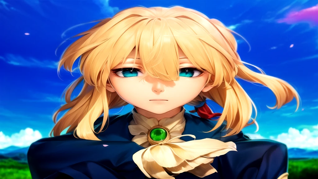 melhor qualidade, Obra de arte, Detalhe intrincado de 1 garota, (foco no rosto) rosto detalhado, olhando para o espectador, penteado detalhado,Violet Evergarden, olhos azuis, cabelo loiro. 1 garota, Sozinho, Violet Evergarden, vestir, vestir, parque, Clear sky, flor, flors, petals, dynamic angle;