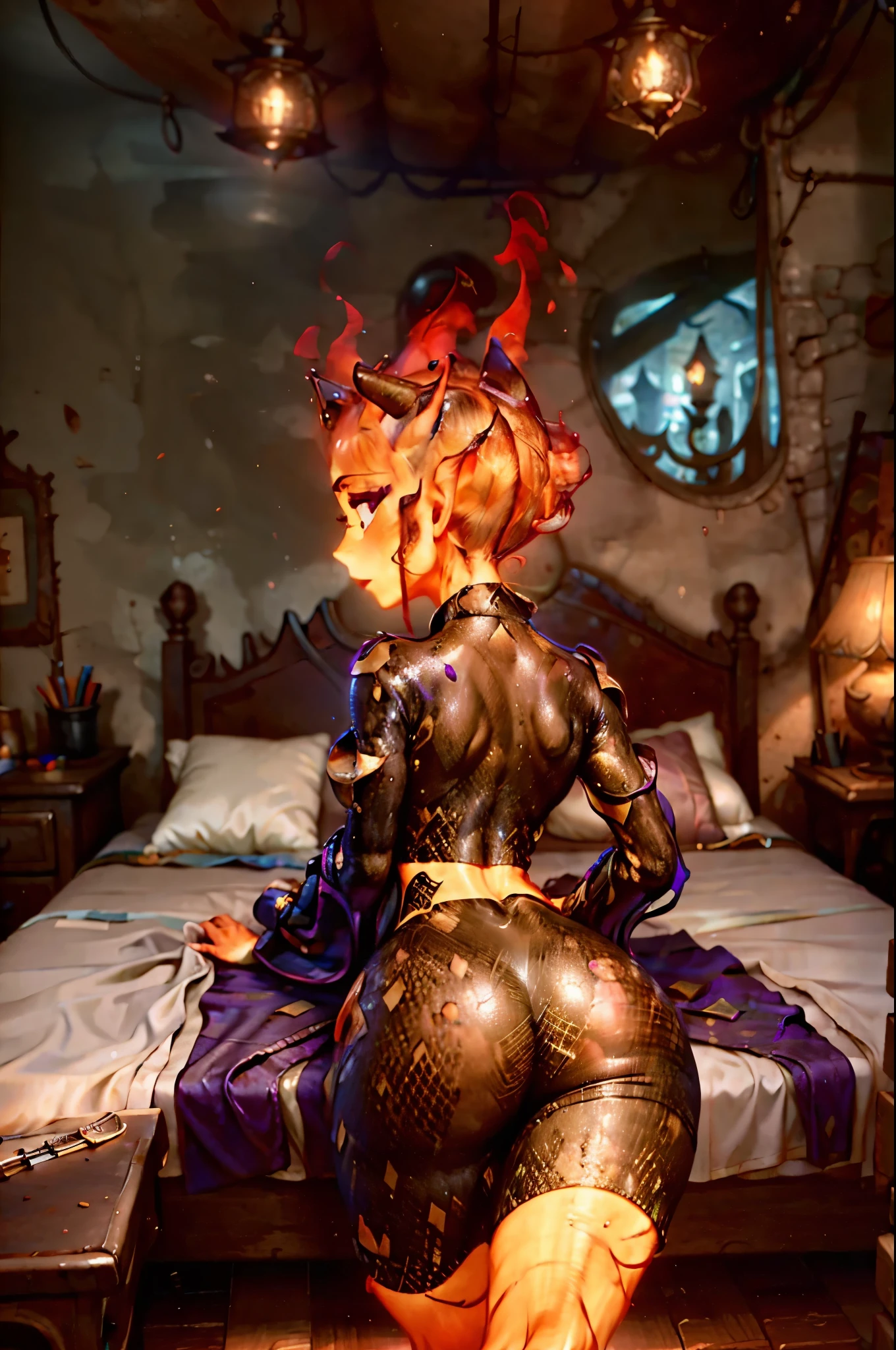 ((Detailed, masterpiece, 8k, high definition)) ember, female, wide hips, big ass, bedroom, tight clothing, bend over, leaning on bed, seductive look, seductive stance