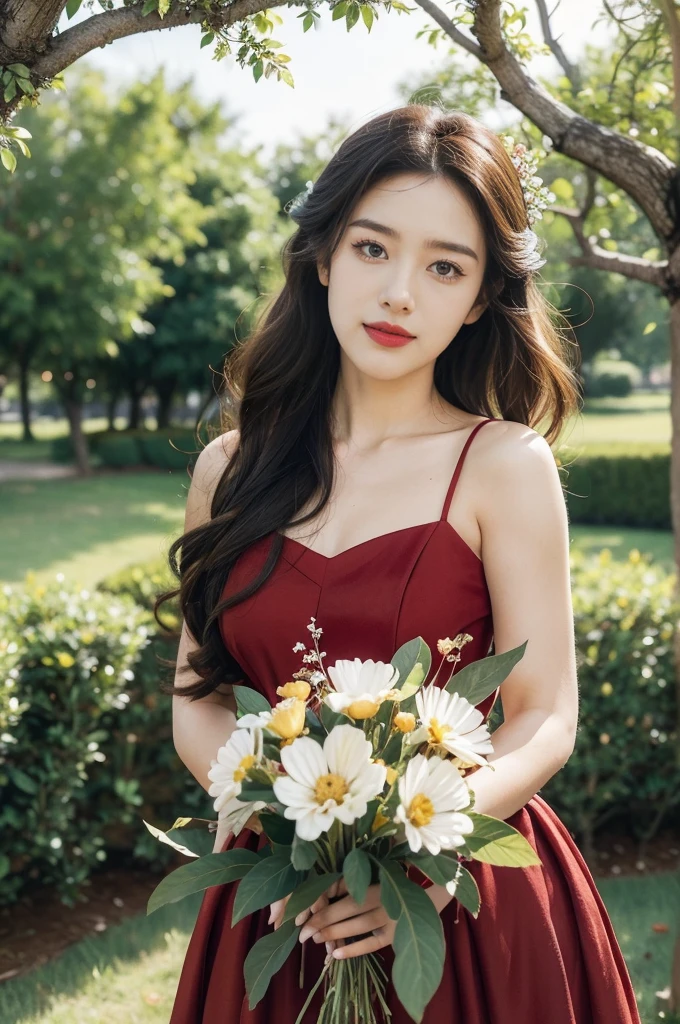 (((best quality))),(((ultra detailed))),(((masterpiece))),illustration,1 beautiful girl,solo,red dress,summer,cherry orchard,sunlight,dappled light,fair skin,smile,ripest cherries on the tree,red lips,chirping birds,soft rustle,peaceful,summer breeze,blush face,hair fluttering,sweet nectar,joy,setting sun,golden glow,radiant hue,turns,beauty grace,sweetness