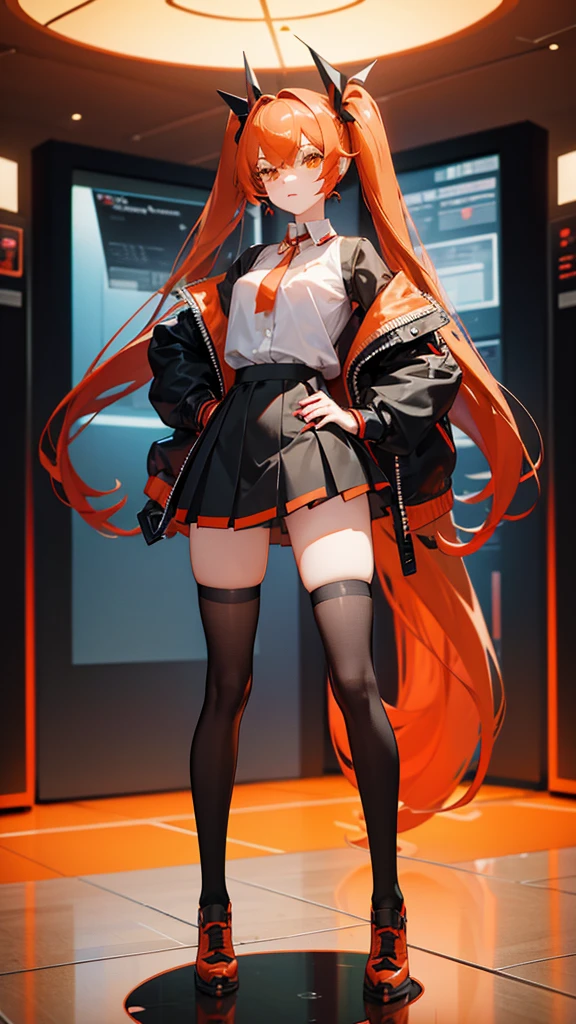 girl in a short skirt in knee-length stockings, red, black and orange hair,Twin Tail, full height, 3D wallpaper.