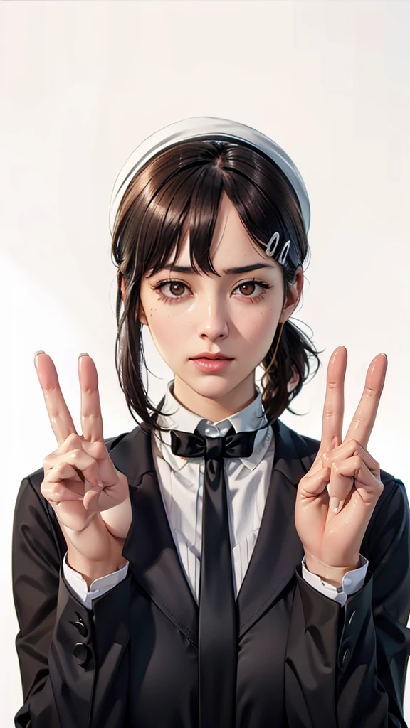 (((Perfect body,White and tender skin,(((Black strap dress, black long bow tie, white lining, black hat))),(((kobeni higashiyama, black hair, hair ornament, hairclip, ponytail, short hair, (brown eyes:1.5),))),((masterpiece)),highres,((Best quality at best)),masterpiece,quality,Best quality,((( Exquisite facial features,Looking at the audience,There is light in the eyes,(((frown,Wronged))),))),(((Light and shadow,Huge breasts,))),(((Looking at the camera,White background))))