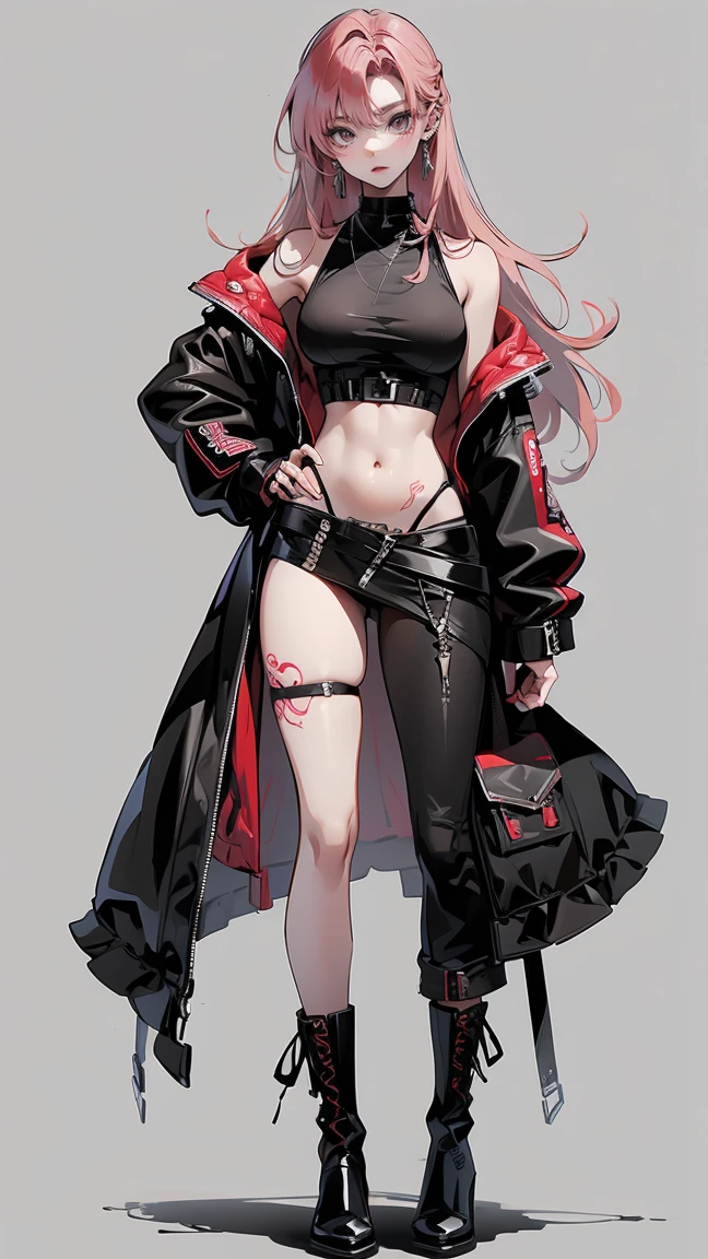 Highest quality、masterpiece、8k、Realistic、超High resolution、Very delicate and beautiful、High resolution、Muscle Girl、Perfect female body、Beautiful woman、Mature Woman、Pink Hair、long hair、Six Pack、One tattoo、Earrings、Toned body、big 、Black military uniform、Tank top、I can see your belly、Luxurious clothing、boots、cigarette、Wild Pose、Full body emphasis、Simple Background