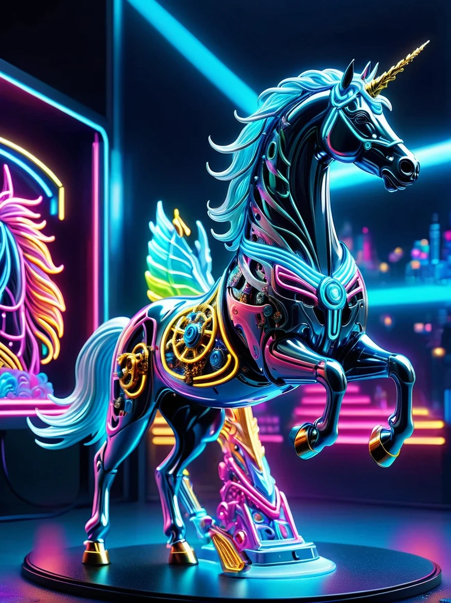 (Mechanical Neon Unicorn:1.5)，mystery生物 , (mystery的霓虹机器), (Mechanobiology)，Glowing neon lights，mystery，phantom，transparent，Bioluminescence，Holy Light，Fluorescence，charm，mystery，Vibrant colors，Detailed description，real，超级real，A spectacular technological fantasy，epic surrealism, Spectacular future fantasy，Vibrant colors，Ultra high saturation，Bright colors, (UHD, masterpiece, accurate, anatomically correct, super detail, 8k)