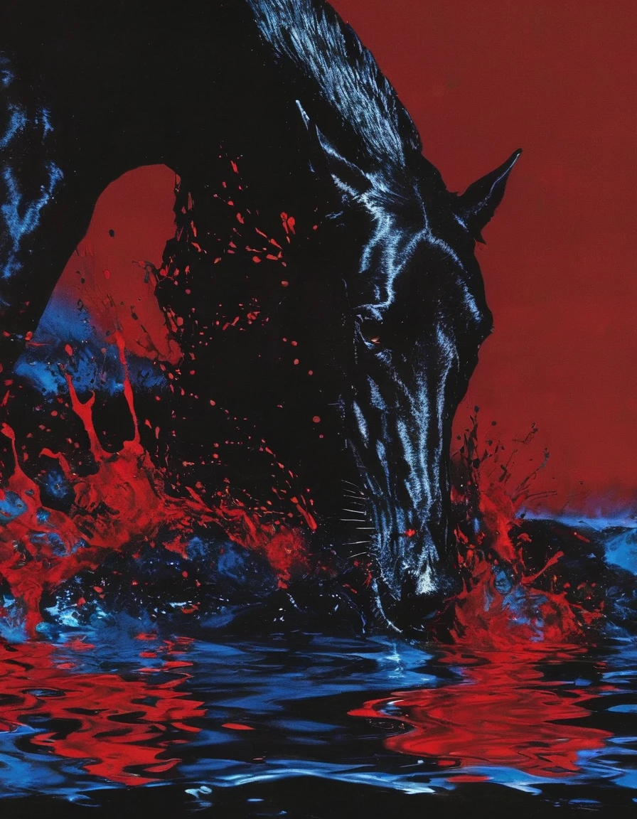 giant angry black horse in red water at night, blue background