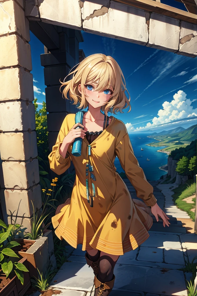 smiles confidently;, Blue eyes, blonde hair, draw up, (чрезвычайно подробные обои CG Unity 4k),(masterpiece),(Best quality),(ultra detailed),(best illustration),(best shadow),(absurdity),(detailed background), Modern setting, park, Short blonde hair (unkempt and dirty), sundress, cowgirl boots,